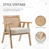 HOMCOM Fauteuil Lounge avec Coussin - Dossier en cannage - Assise Profonde - accoudoirs - Structure Bois hévéa - Aspect Lin Beige