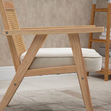 HOMCOM Fauteuil Lounge avec Coussin - Dossier en cannage - Assise Profonde - accoudoirs - Structure Bois hévéa - Aspect Lin Beige