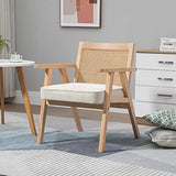 HOMCOM Fauteuil Lounge avec Coussin - Dossier en cannage - Assise Profonde - accoudoirs - Structure Bois hévéa - Aspect Lin Beige