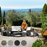 TecTake Salon de Jardin en Résine Tressée 4 Personnes, 1 Canapé, 2 Fauteuils, 1 Table avec Plateau en Verre, Coussins d’Assise et de Dossier Inclus (Marron Naturel)