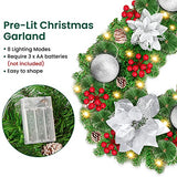 Guirlande Sapin Artificiel, 9pieds Guirlande Noel Sapin avec 30 LED, Guirlande Sapin de Noel à Piles avec fleurs, boules, pomme de pin our porte d'entrée/Cheminée/Escalier/Arbre de Noël/Arche (argent)
