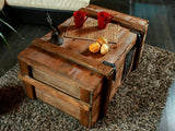Own Design Voyage Vieux Coffre Table Basse Cottage cuiseur Vapeur Coffre en pin avec Vintage Tin Sign Largeur : 110 cm Hauteur : 45 cm Profondeur : 60 cm